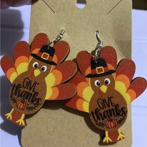NWT Boutique  Give Thanks Turkey Drop Wooden Earrings